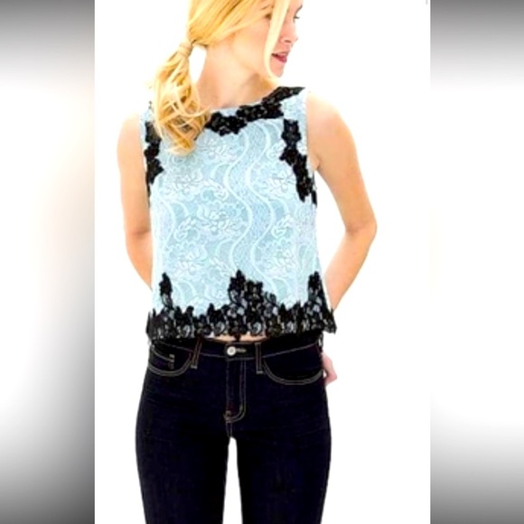 GIMMICKS by BKE | Lace Tank Top Cropped Blue Black | Sz Small - Picture 1 of 9